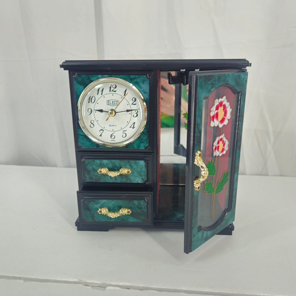 Vintage Eleco Musical Jewelry Box Quartz Clock Dancing Ballerina Floral Green - Picture 12 of 16
